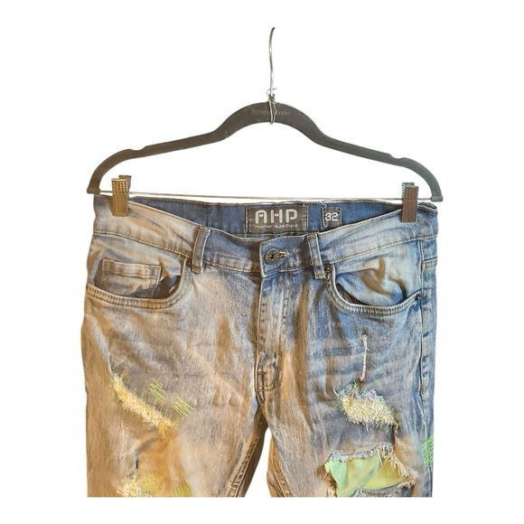 AHP Another Hype Piece Jeans Men's 32 X 32 Blue Skinny Paint Distressed Patched - Picture 2 of 16
